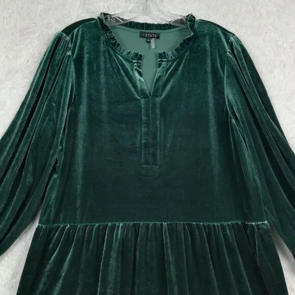 1. State Womens Dress Long Sleeve Velvet Velour Tiered Emerald Green XL New