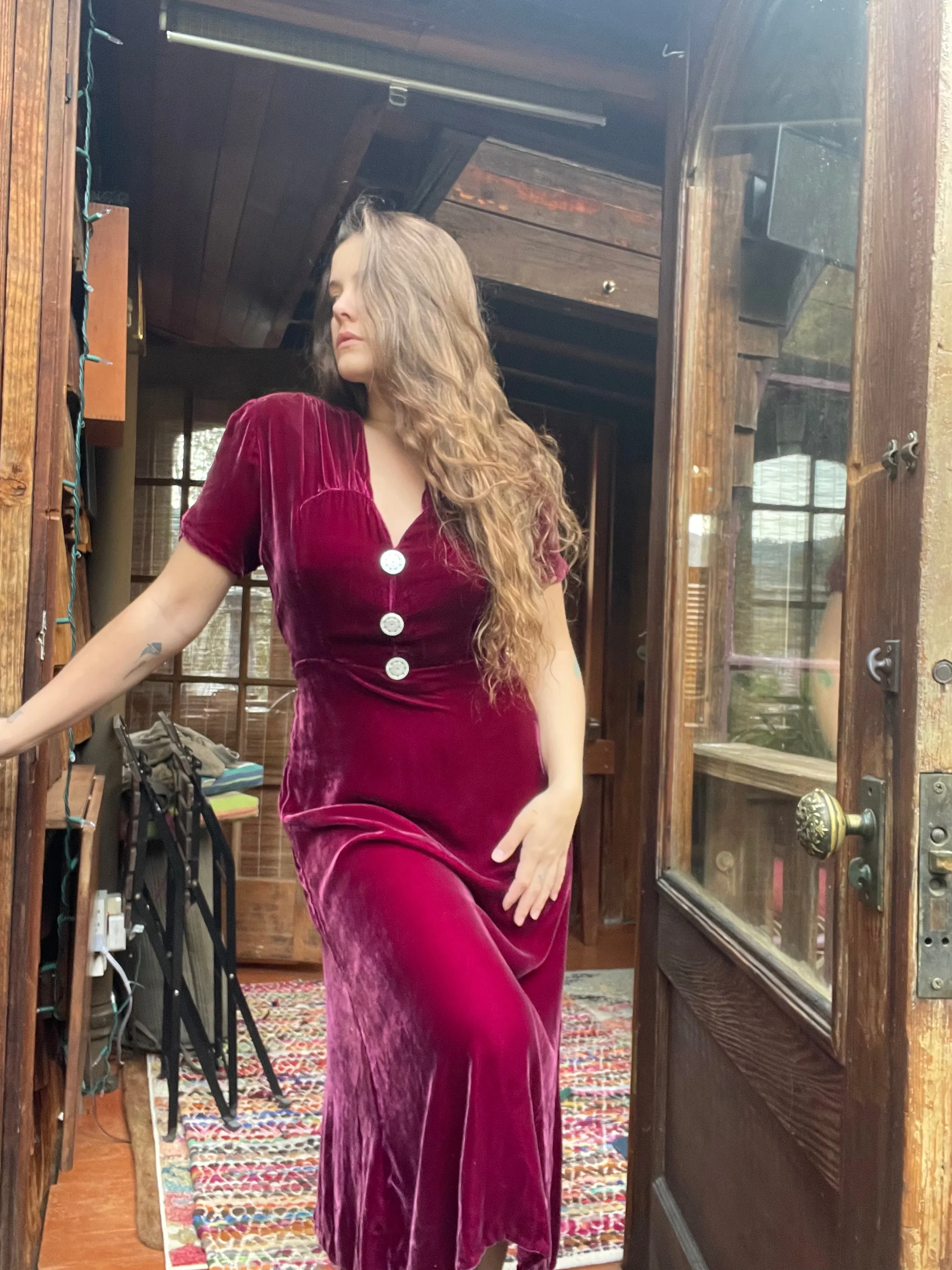 1930s Merlot Silk Velvet Ruched Midi Dress