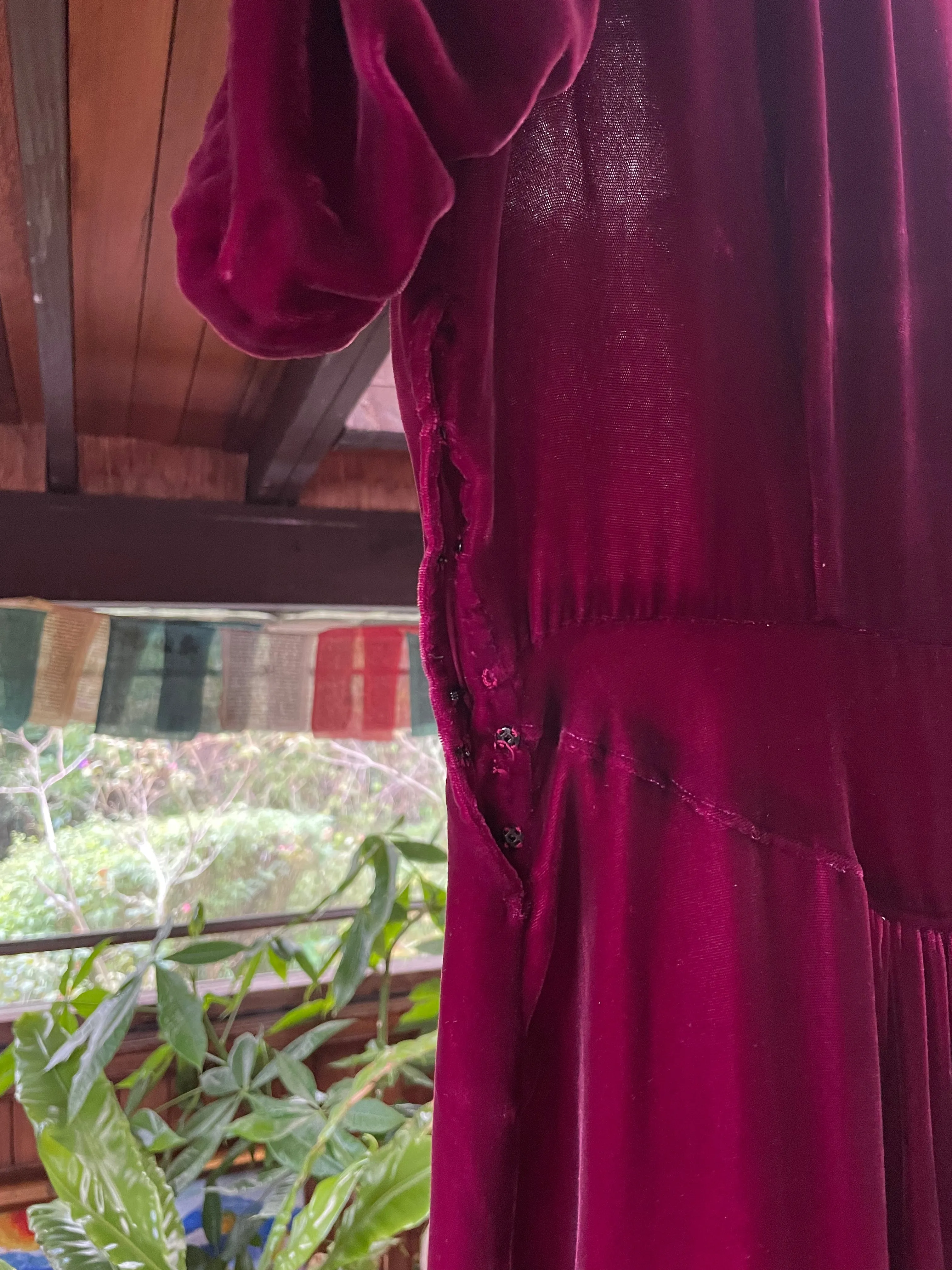 1930s Merlot Silk Velvet Ruched Midi Dress