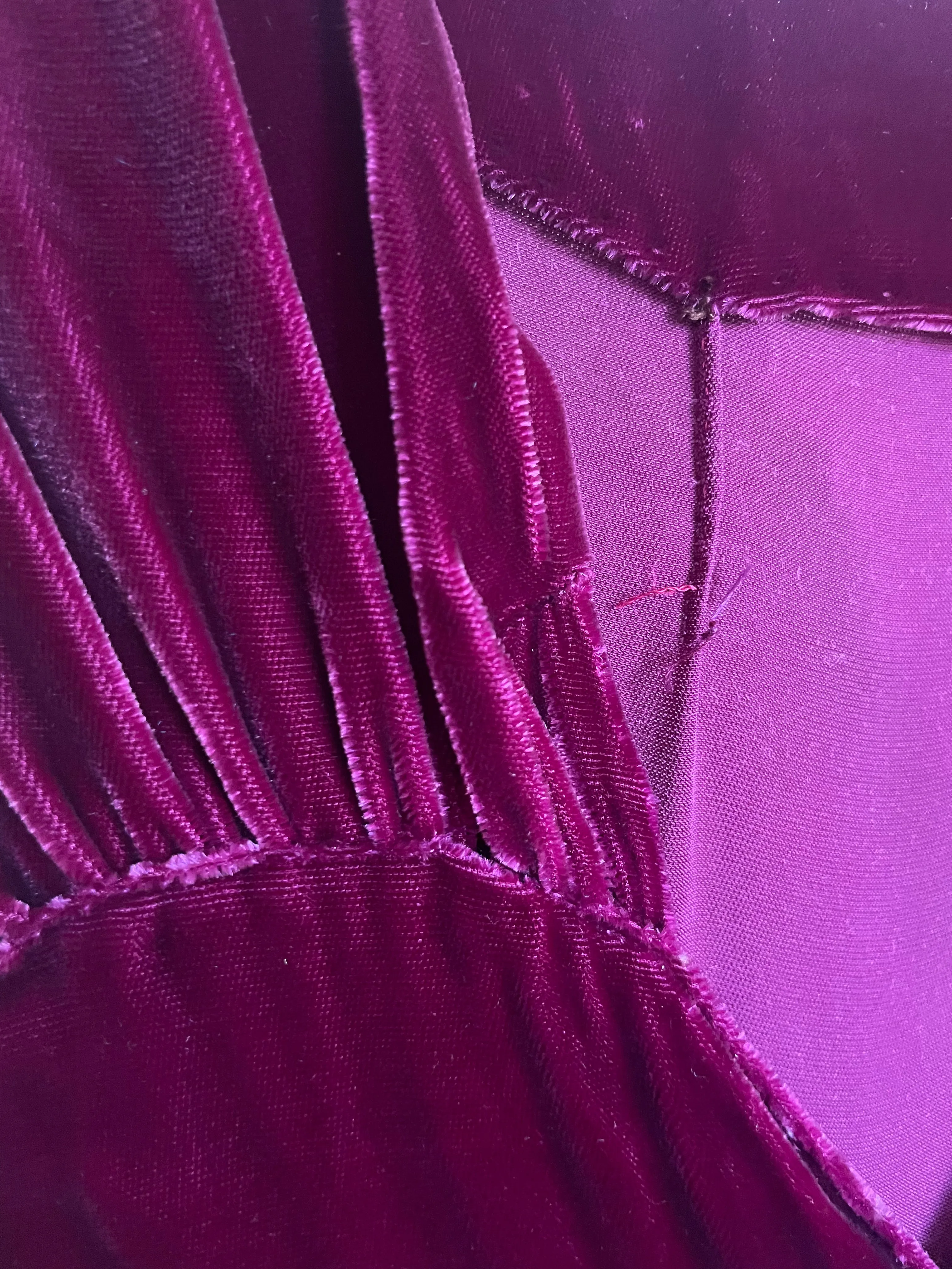 1930s Merlot Silk Velvet Ruched Midi Dress