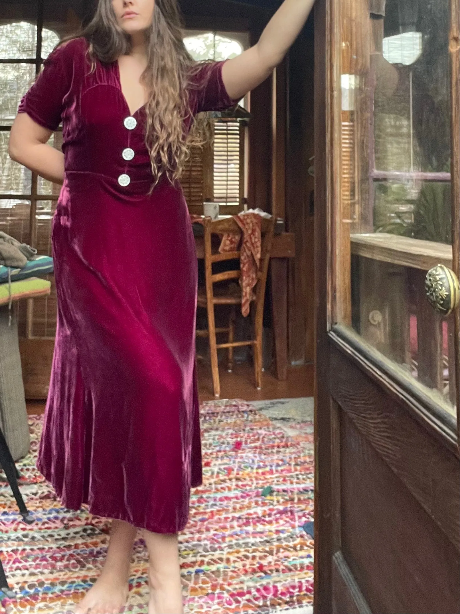 1930s Merlot Silk Velvet Ruched Midi Dress