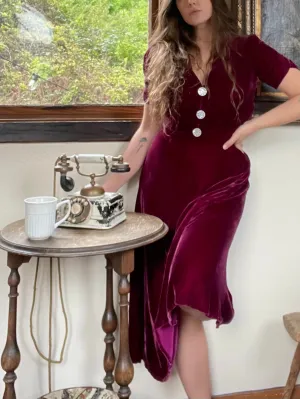 1930s Merlot Silk Velvet Ruched Midi Dress