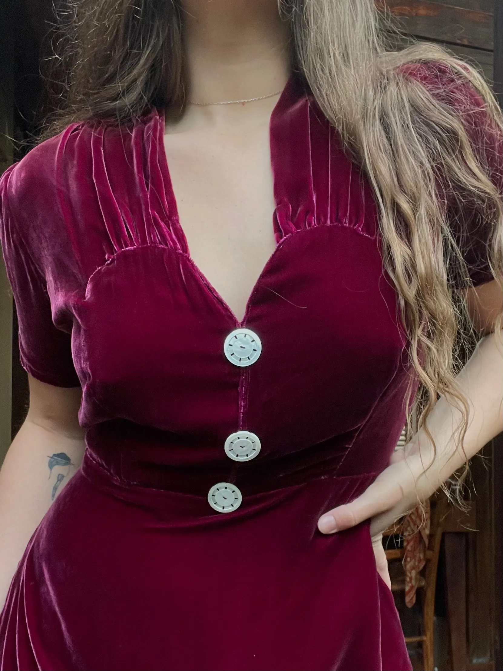1930s Merlot Silk Velvet Ruched Midi Dress