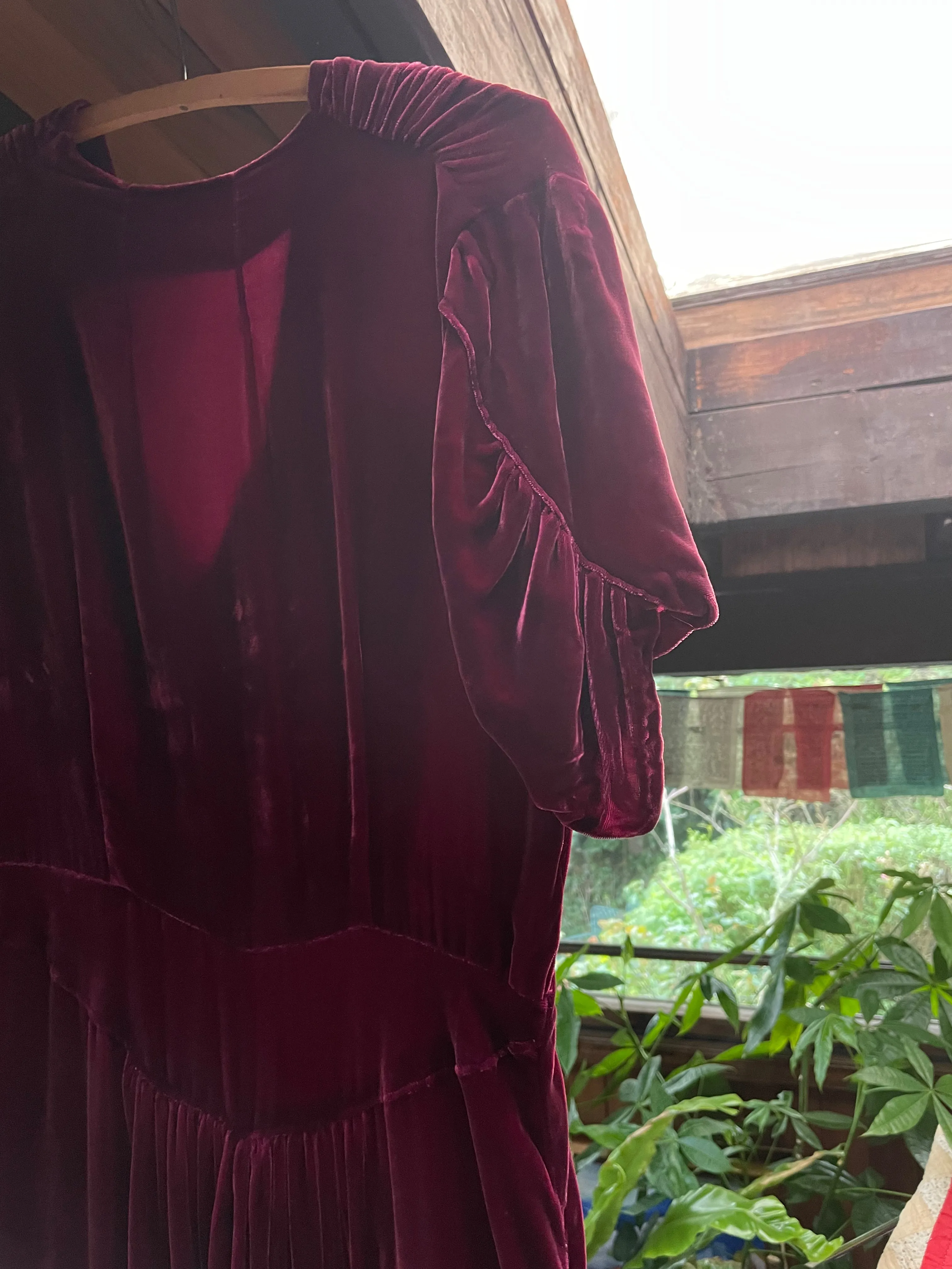 1930s Merlot Silk Velvet Ruched Midi Dress