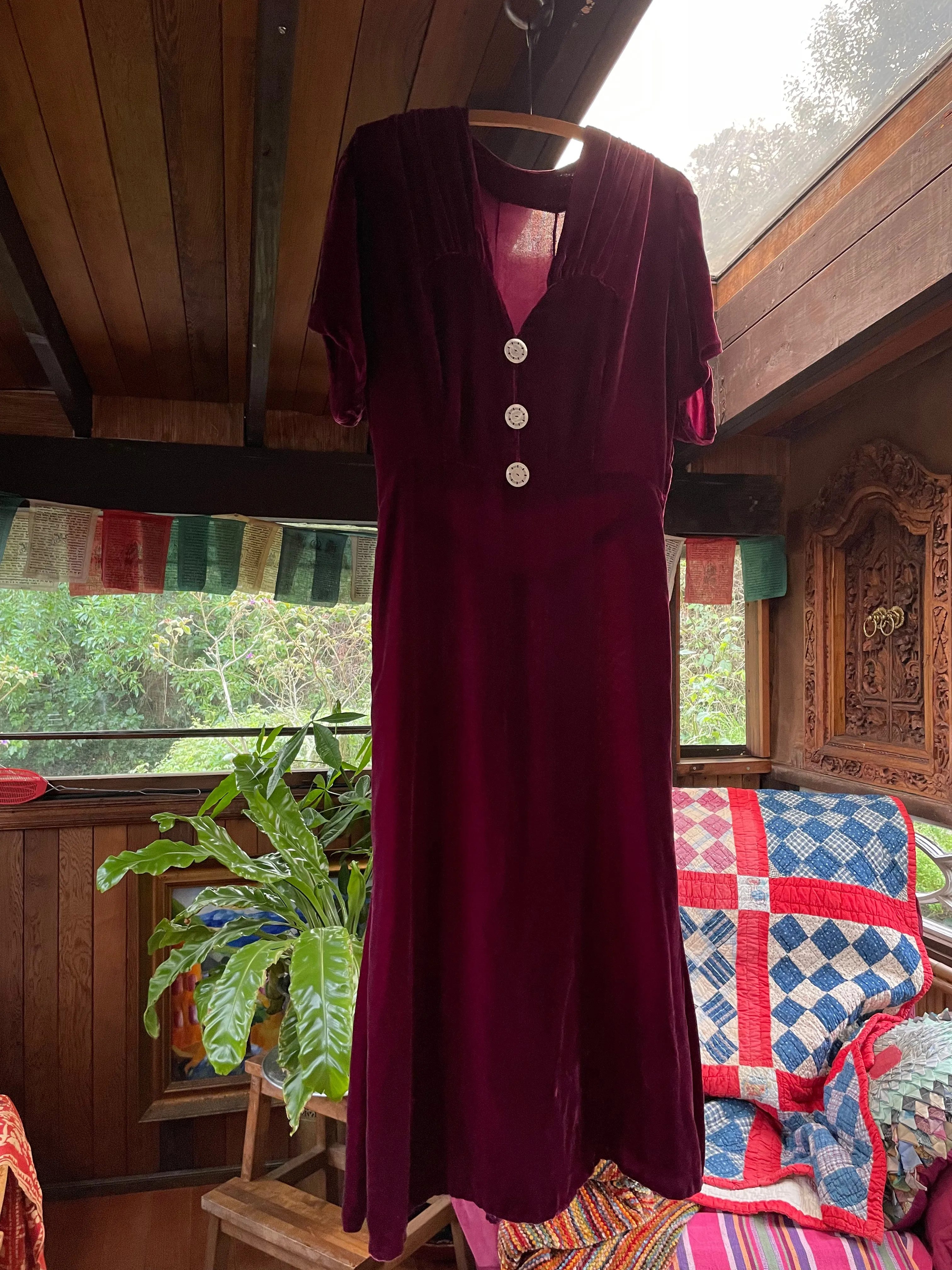 1930s Merlot Silk Velvet Ruched Midi Dress