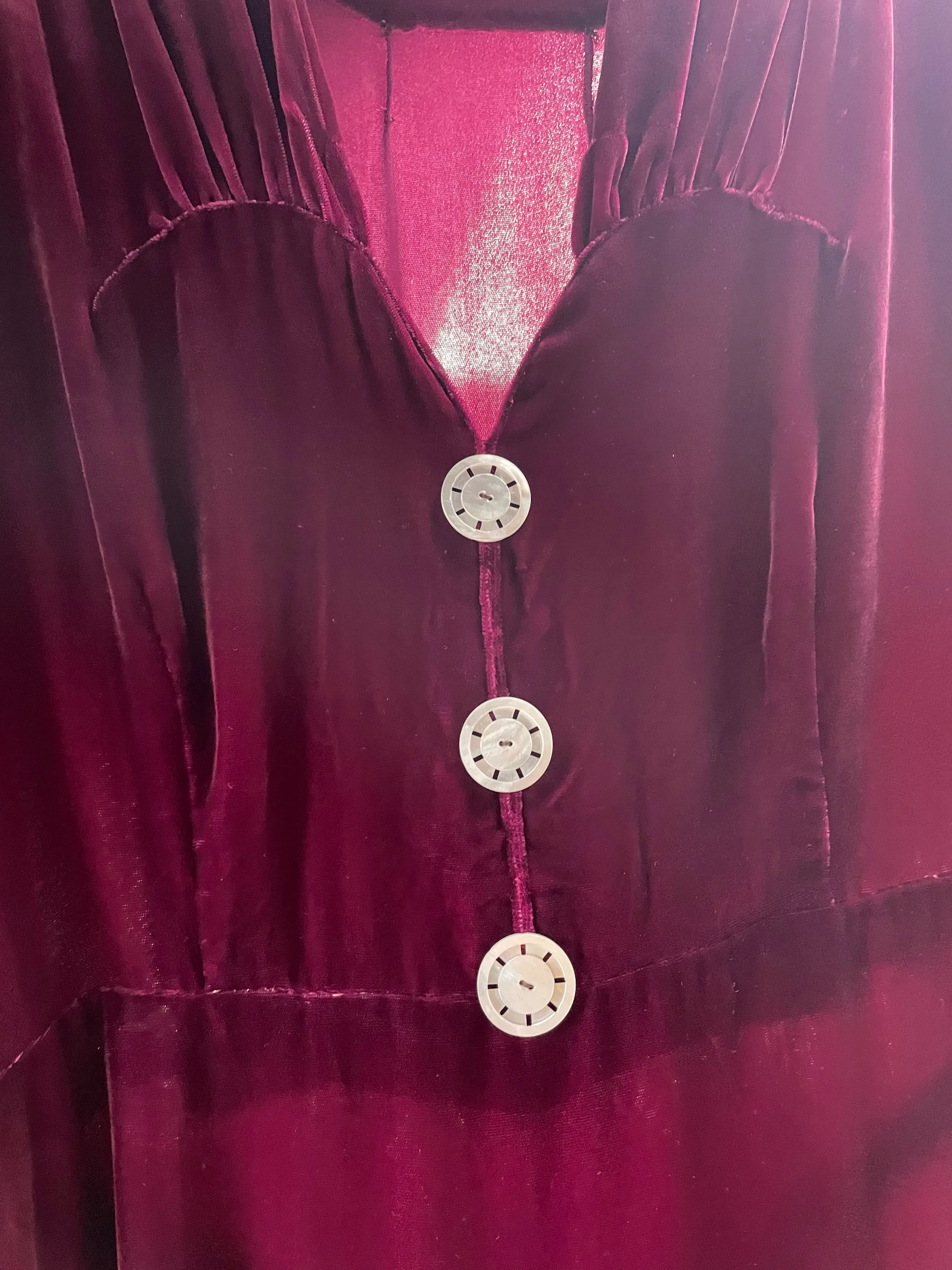 1930s Merlot Silk Velvet Ruched Midi Dress