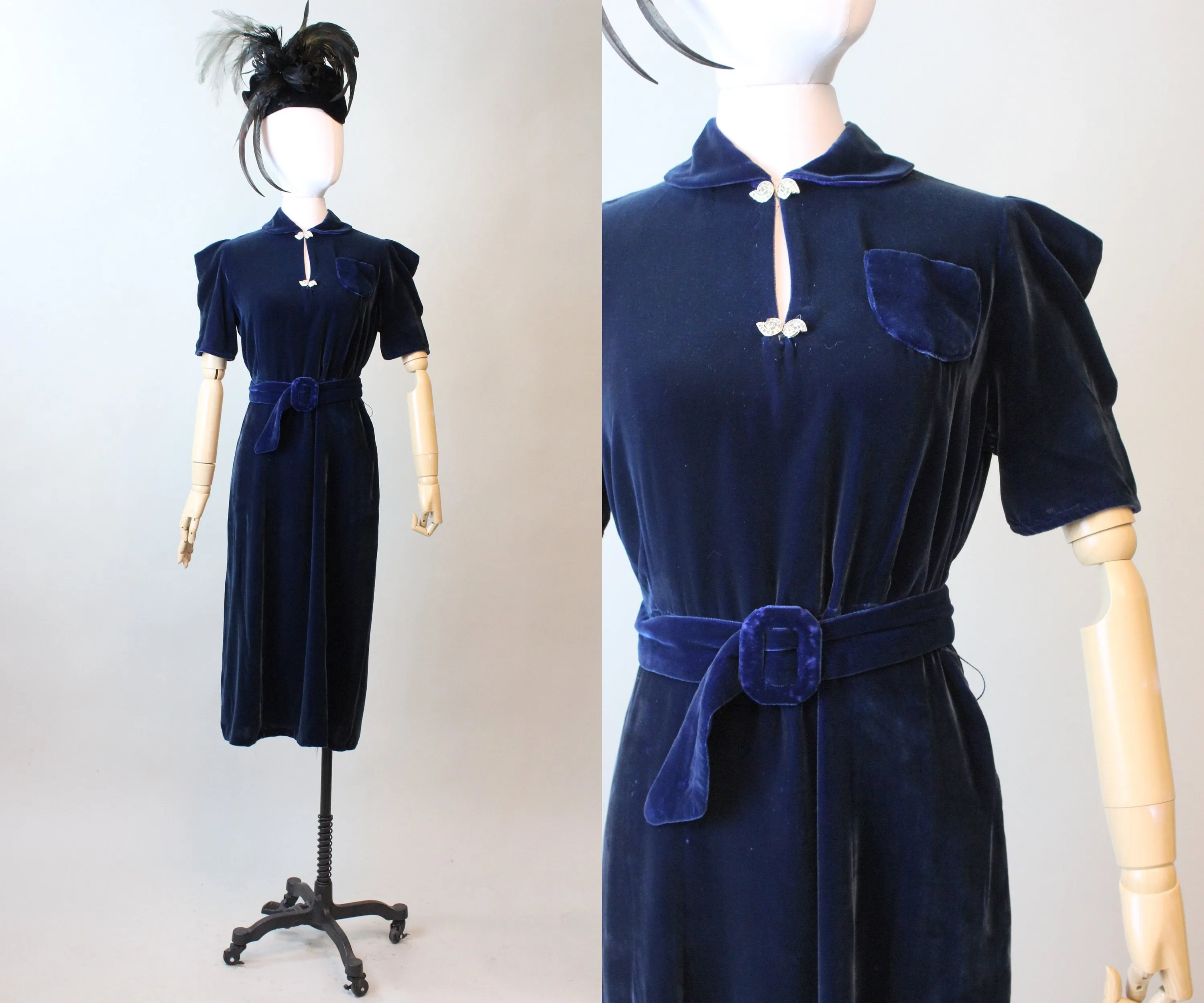 1930s PUFF sleeves BLUE silk VELVET dress small medium | new fall