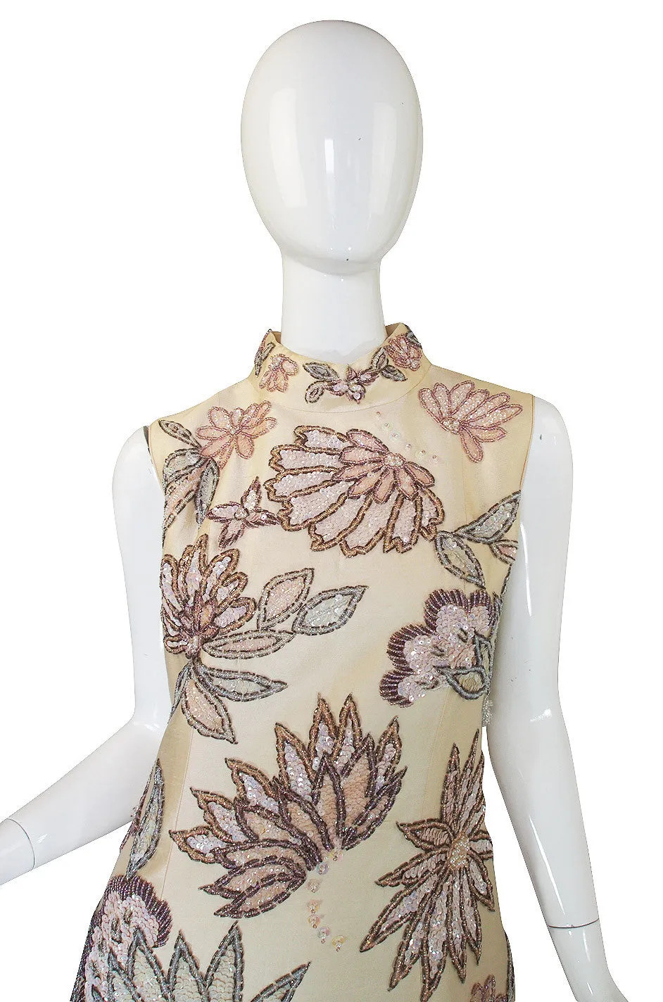 1960s Raw Silk Hand Beaded & Sequin Gown
