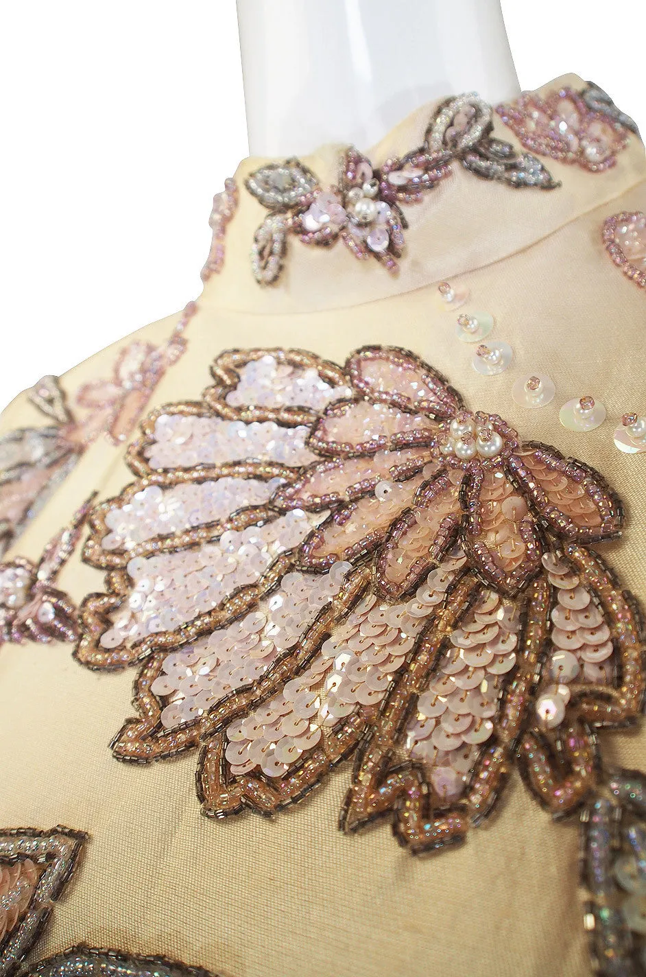 1960s Raw Silk Hand Beaded & Sequin Gown