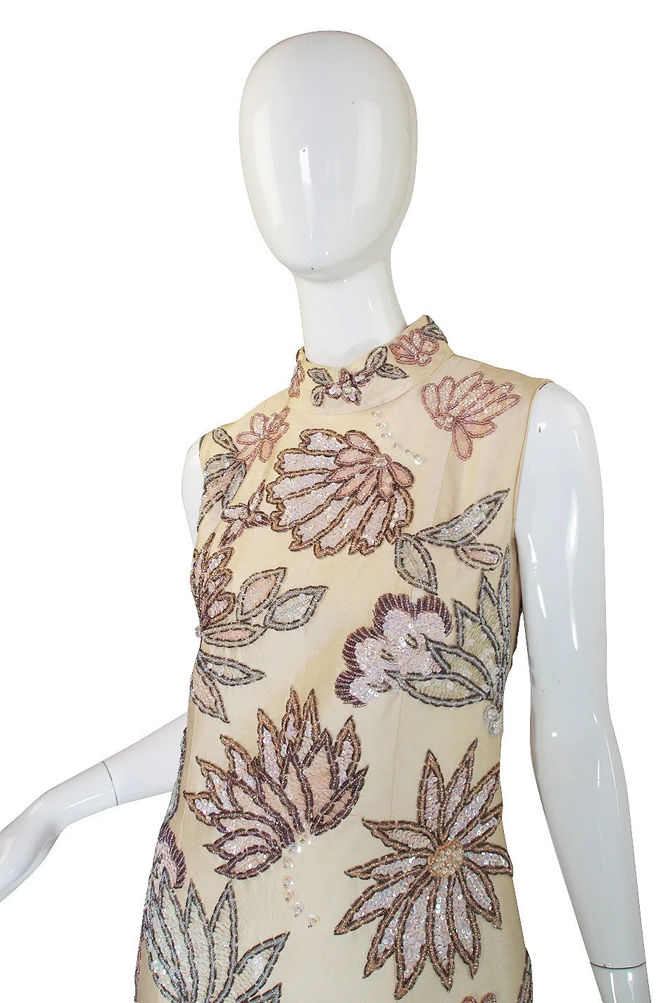 1960s Raw Silk Hand Beaded & Sequin Gown