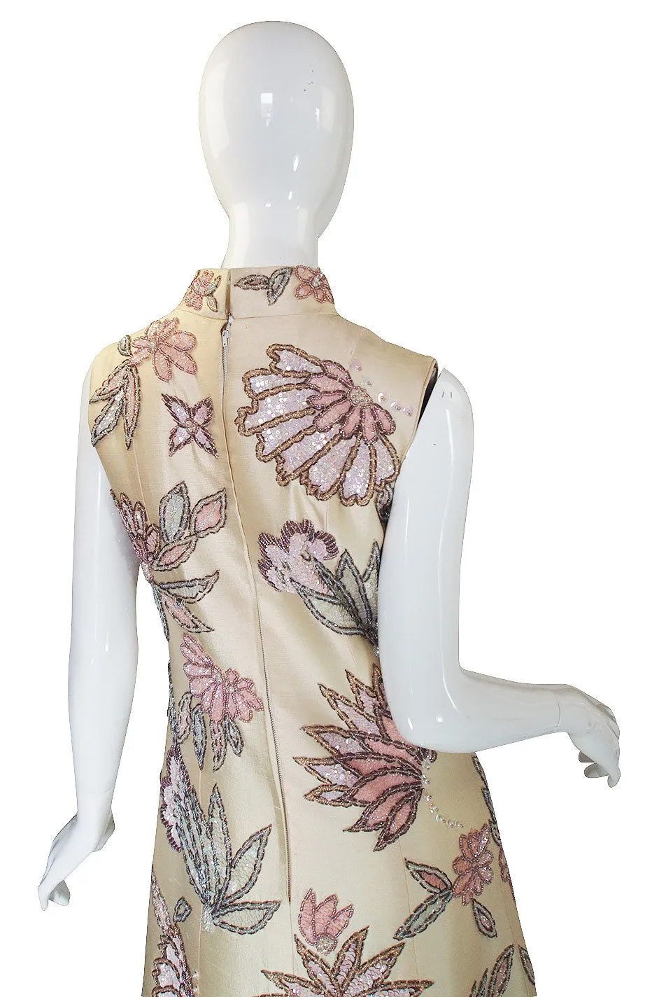 1960s Raw Silk Hand Beaded & Sequin Gown