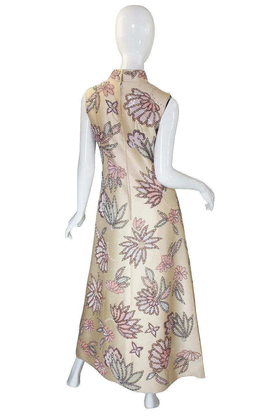 1960s Raw Silk Hand Beaded & Sequin Gown