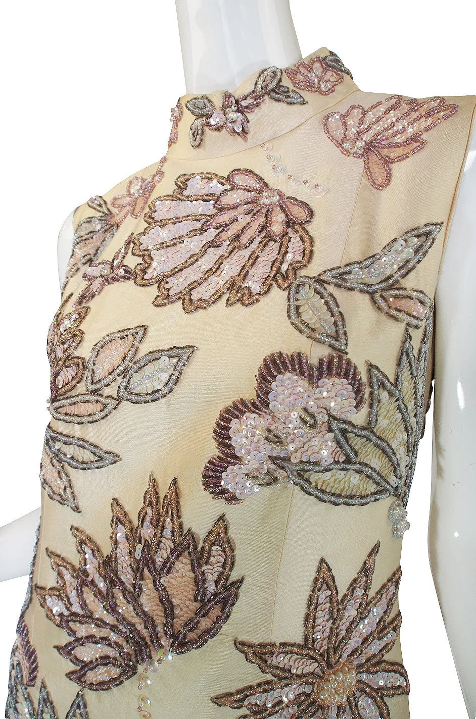 1960s Raw Silk Hand Beaded & Sequin Gown