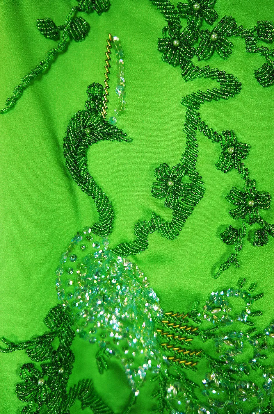 1960s Vibrant Emerald Beaded Silk Gown