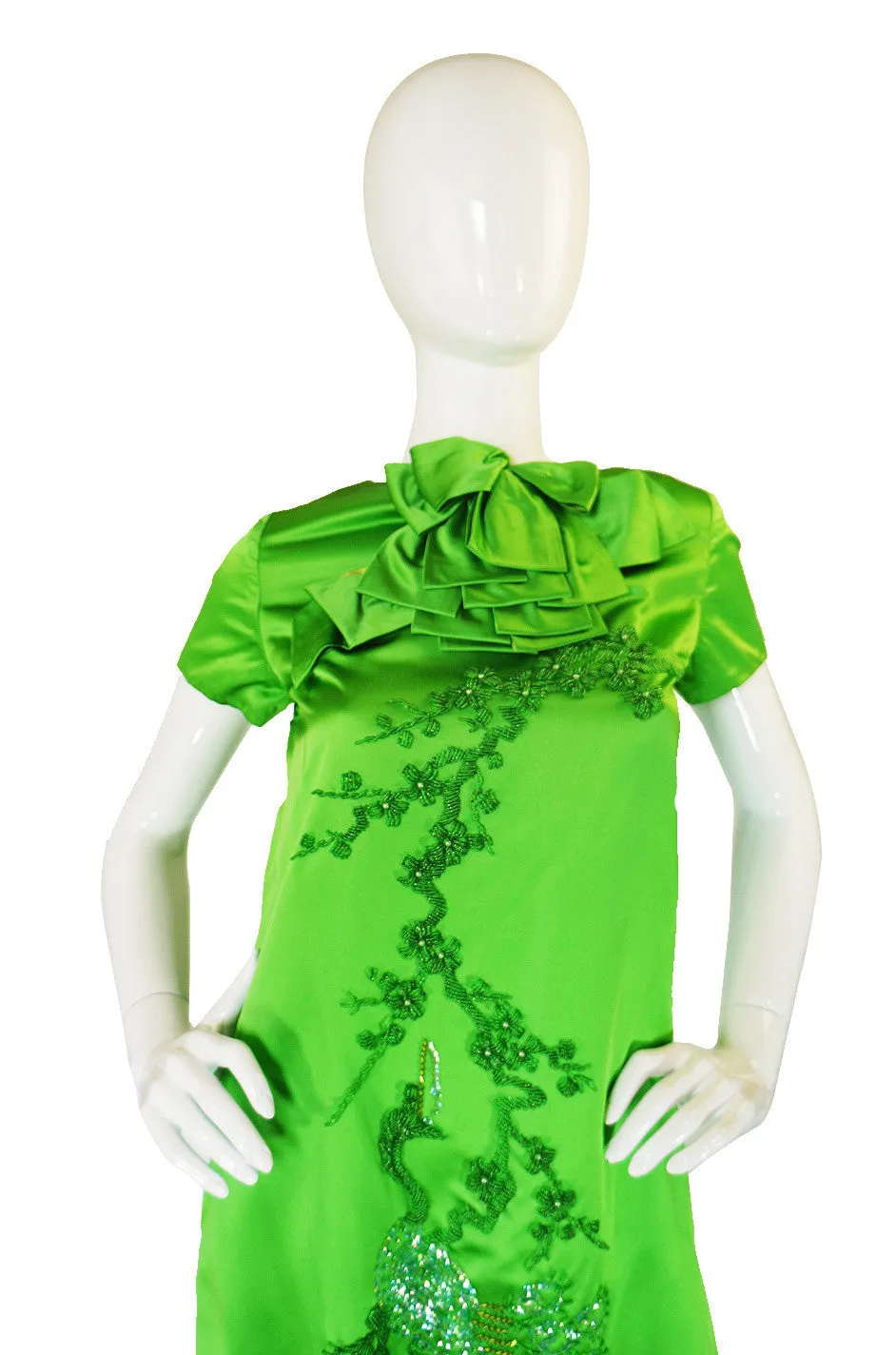 1960s Vibrant Emerald Beaded Silk Gown
