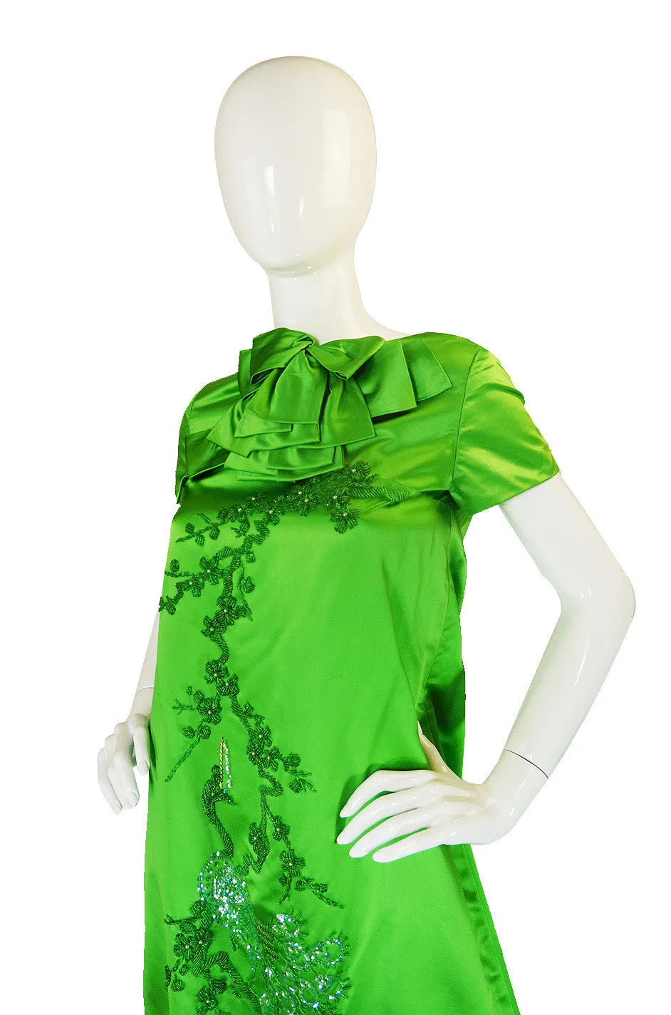 1960s Vibrant Emerald Beaded Silk Gown