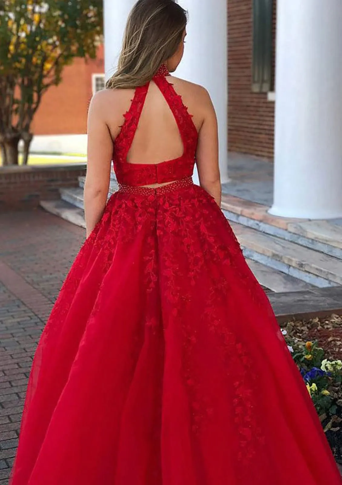 2 Piece Set Dress A-line High-Neck Sleeveless Red Lace Tulle Prom Gown, Beading