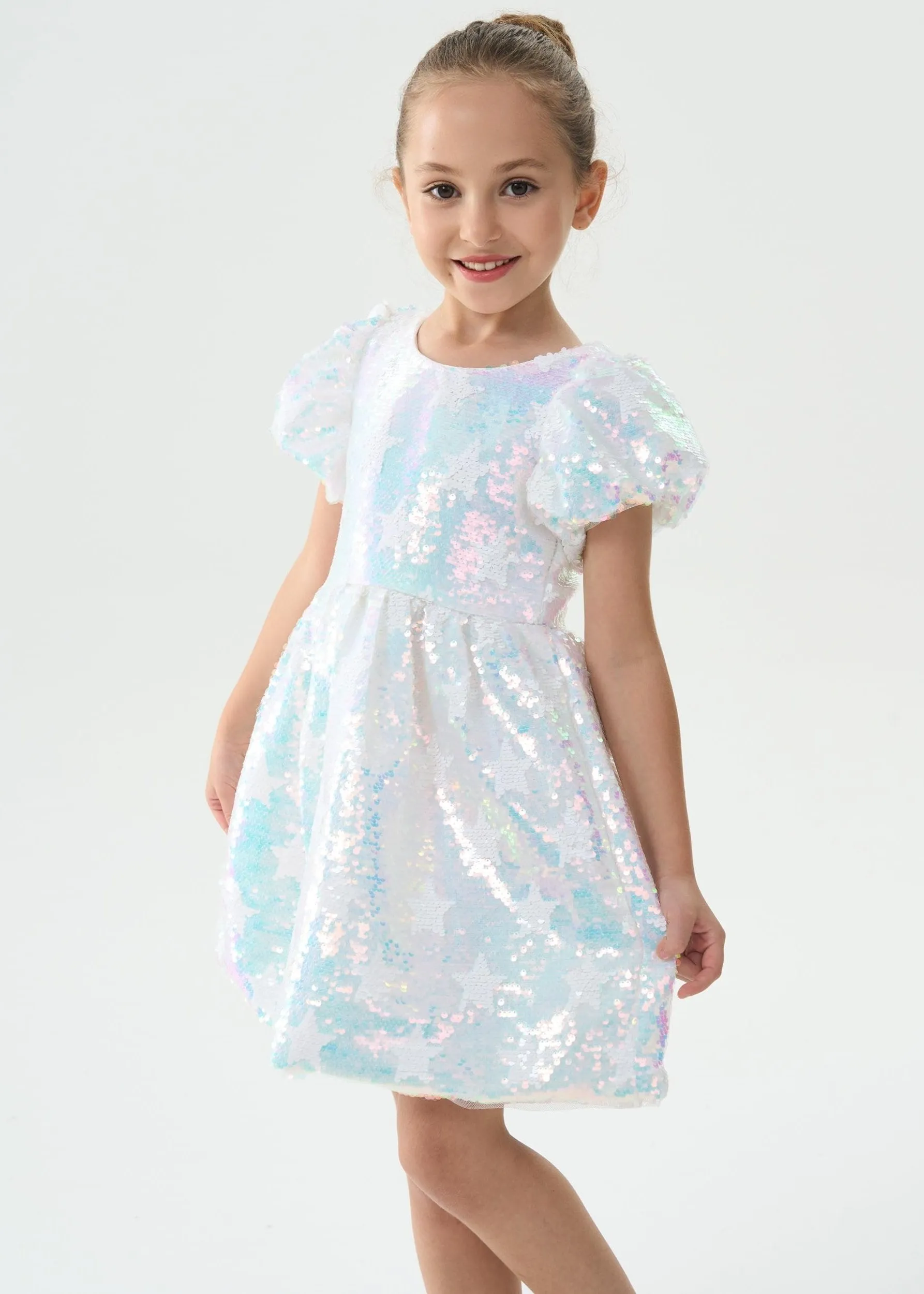 2Bunnies Girls' Iridescent Star Sequin Puff Sleeve Dress