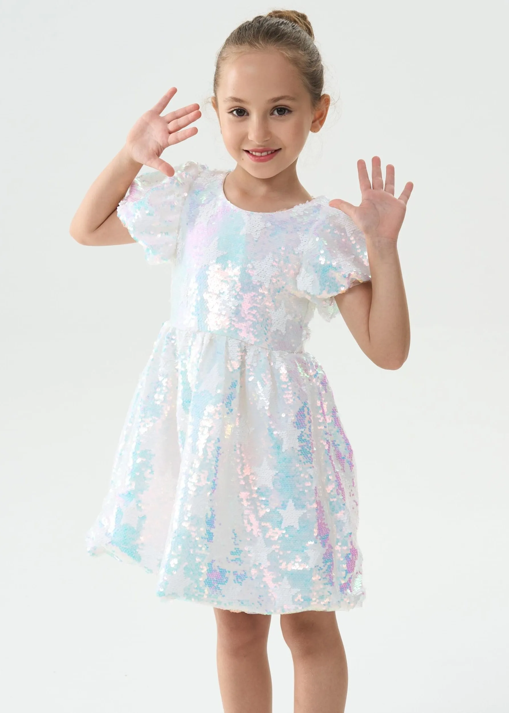 2Bunnies Girls' Iridescent Star Sequin Puff Sleeve Dress