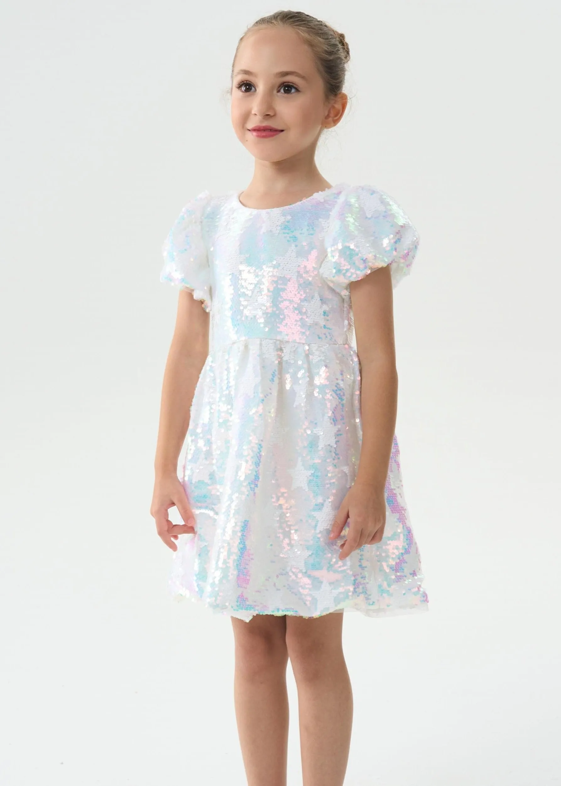 2Bunnies Girls' Iridescent Star Sequin Puff Sleeve Dress