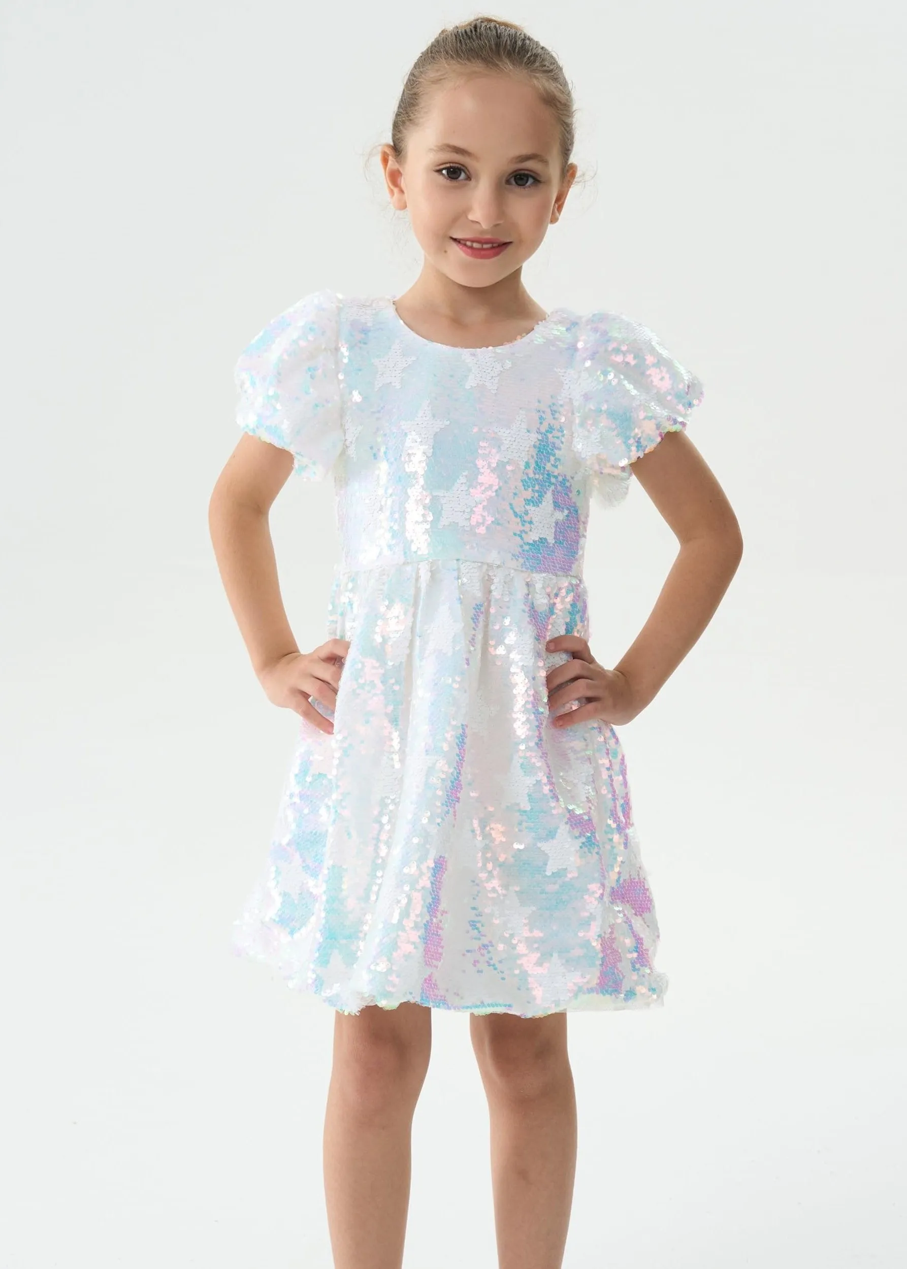 2Bunnies Girls' Iridescent Star Sequin Puff Sleeve Dress