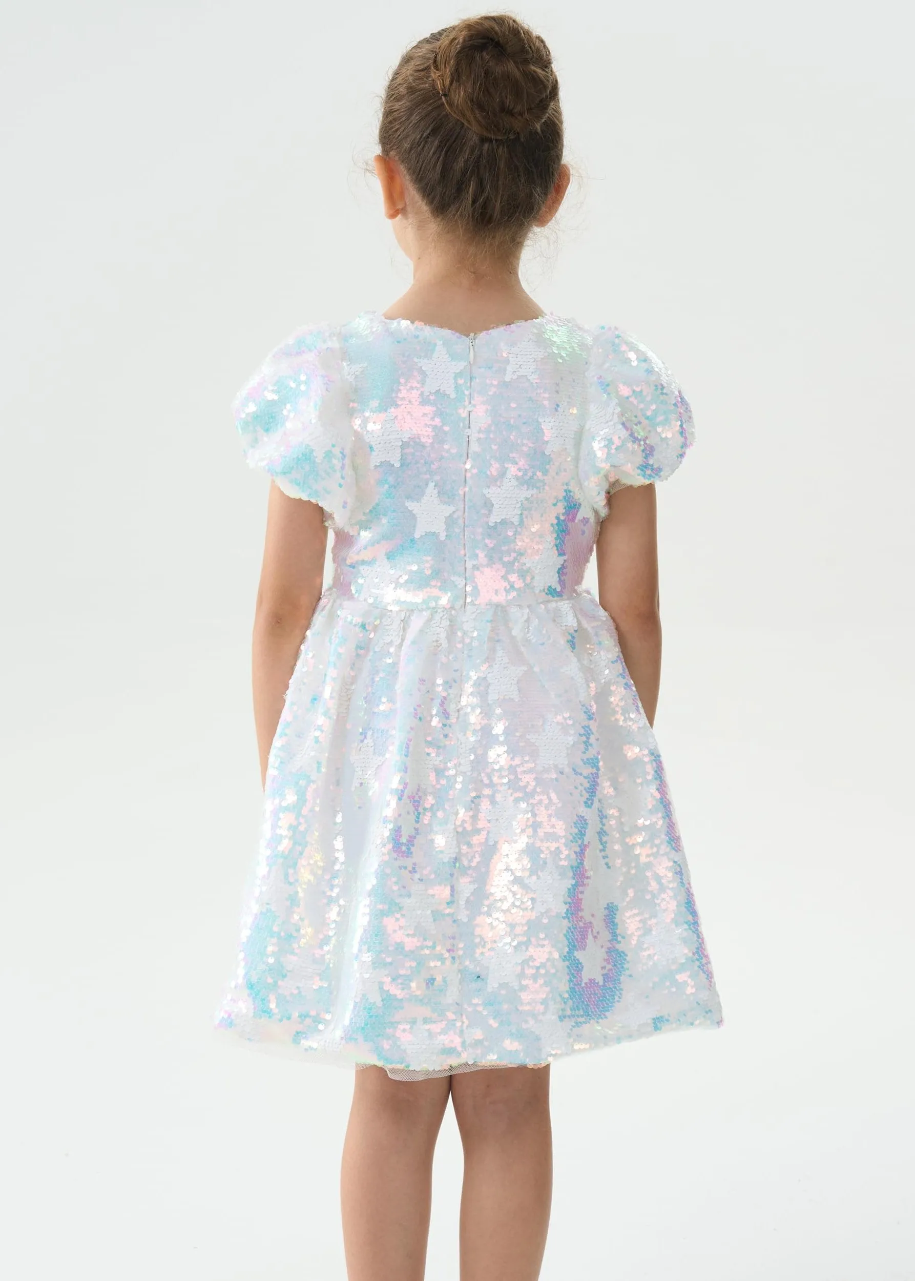 2Bunnies Girls' Iridescent Star Sequin Puff Sleeve Dress