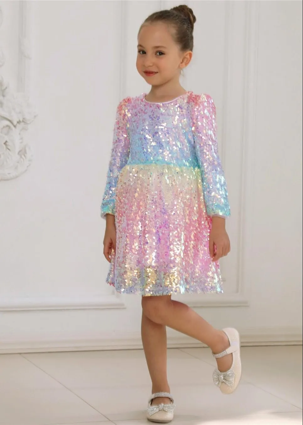 2Bunnies Girls' Ombre Sequin Long Sleeve Dress