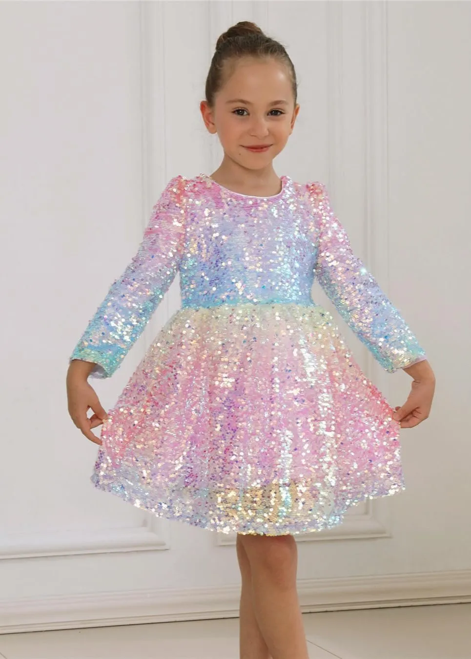 2Bunnies Girls' Ombre Sequin Long Sleeve Dress