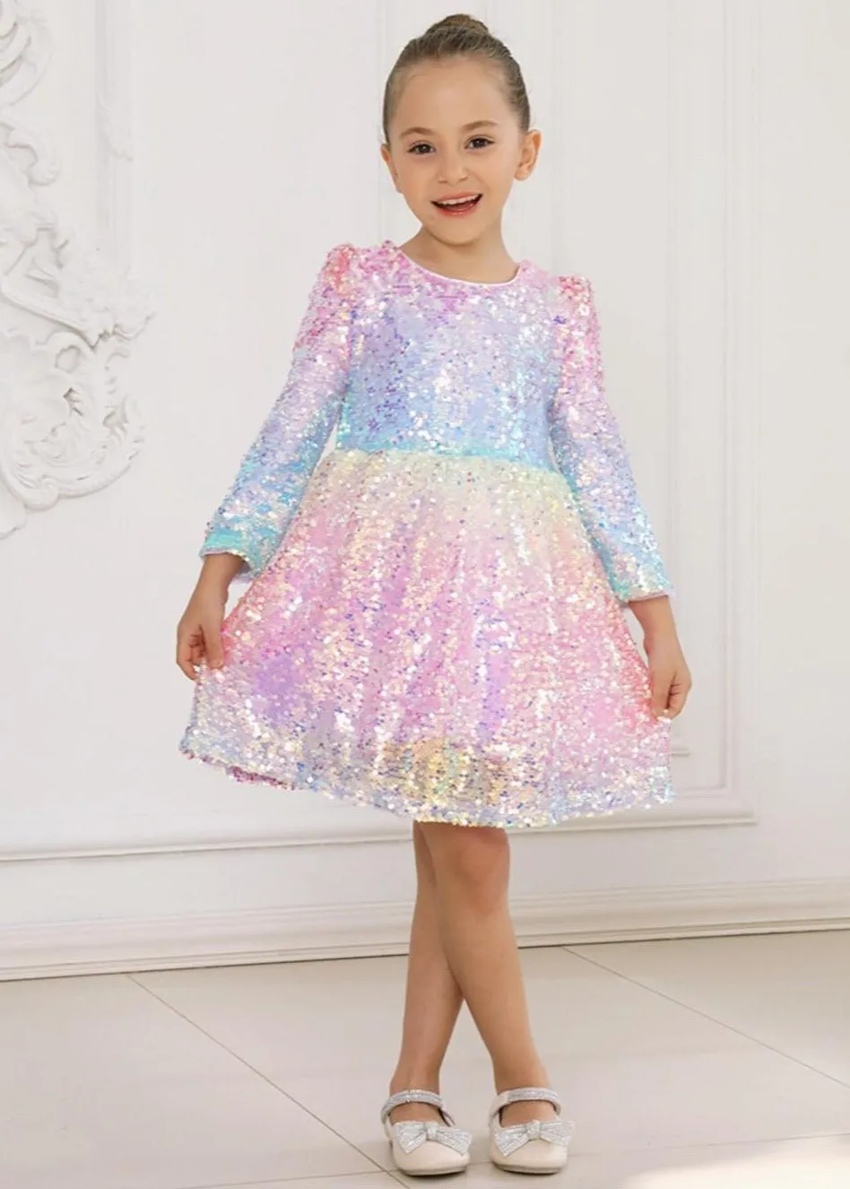 2Bunnies Girls' Ombre Sequin Long Sleeve Dress
