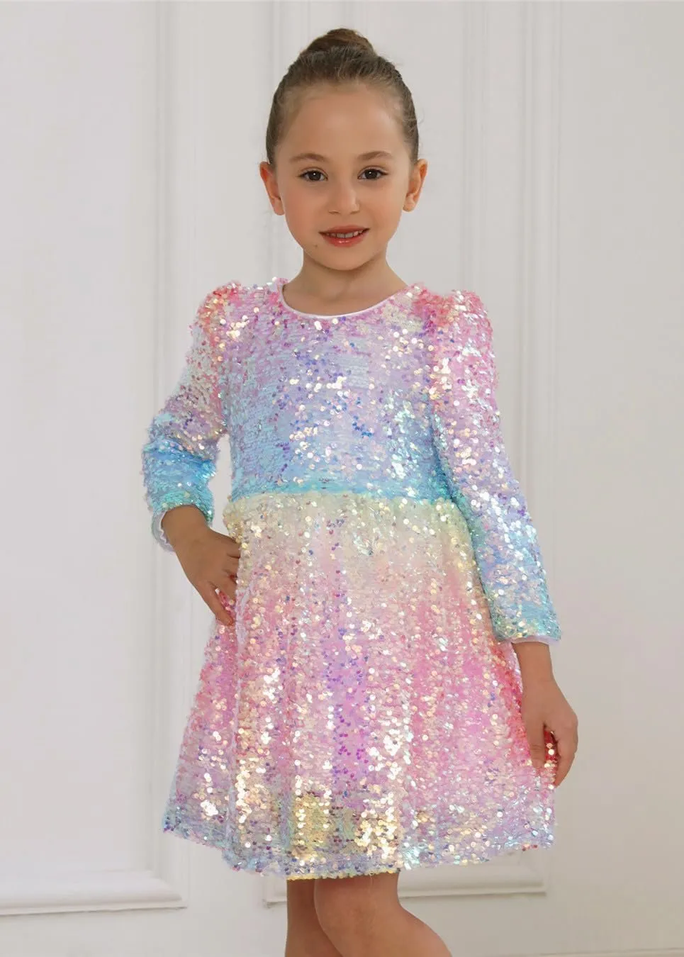 2Bunnies Girls' Ombre Sequin Long Sleeve Dress