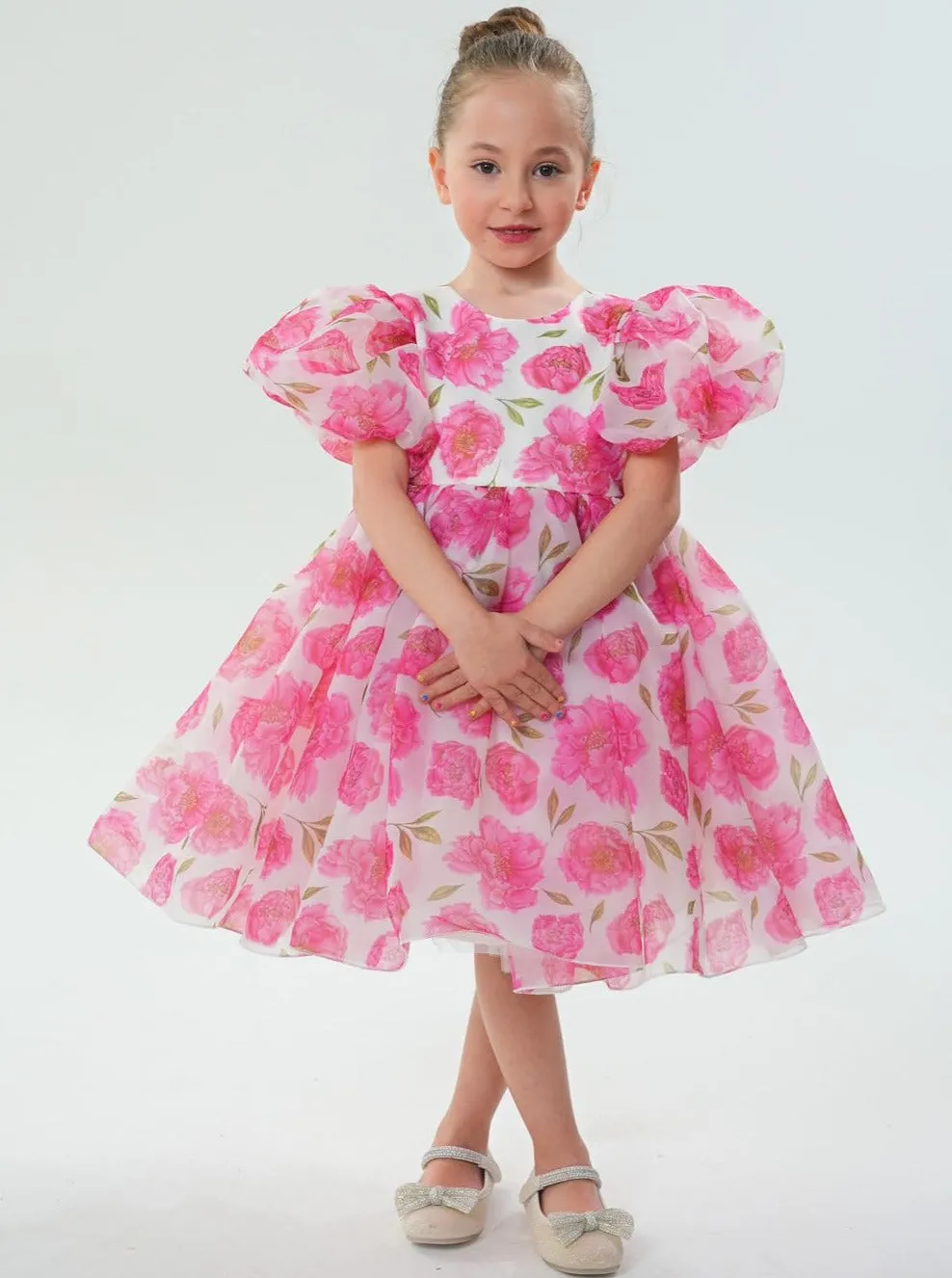 2Bunnies Girls' Organza Puff Sleeve Floral Babydoll Fit & Flare Dress