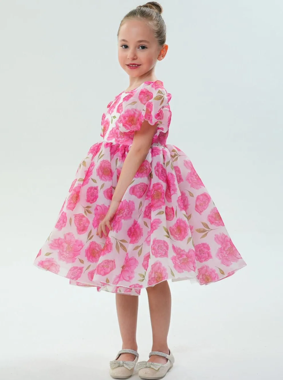 2Bunnies Girls' Organza Puff Sleeve Floral Babydoll Fit & Flare Dress