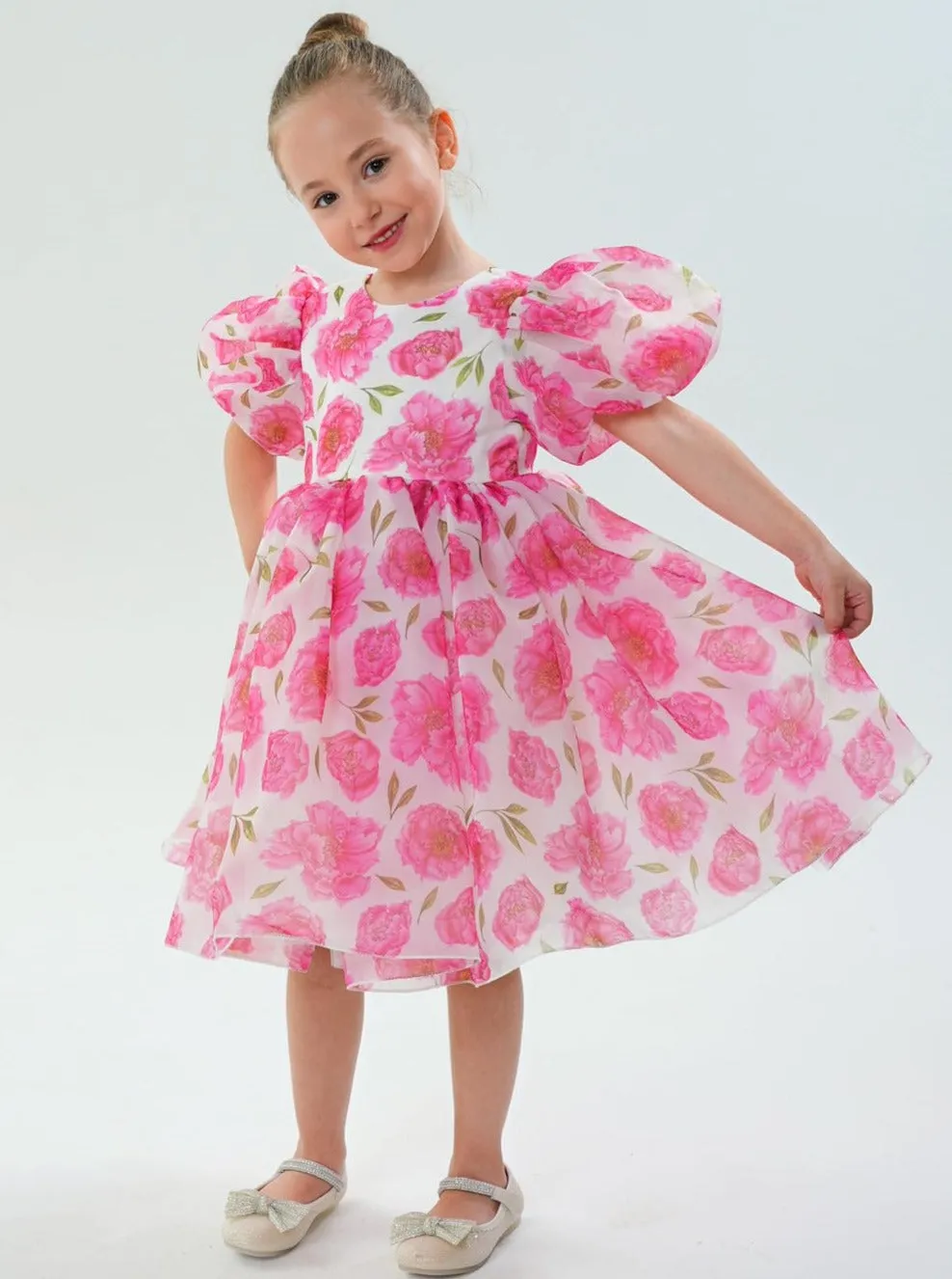2Bunnies Girls' Organza Puff Sleeve Floral Babydoll Fit & Flare Dress