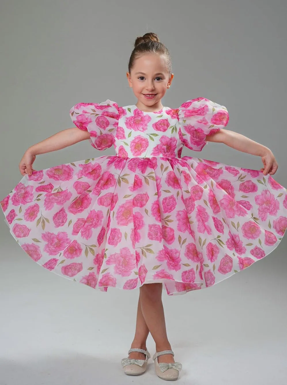 2Bunnies Girls' Organza Puff Sleeve Floral Babydoll Fit & Flare Dress