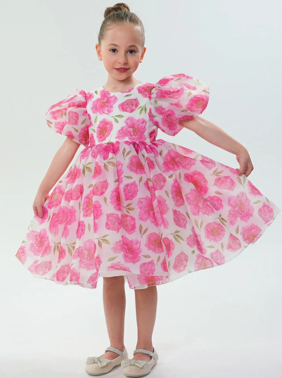 2Bunnies Girls' Organza Puff Sleeve Floral Babydoll Fit & Flare Dress