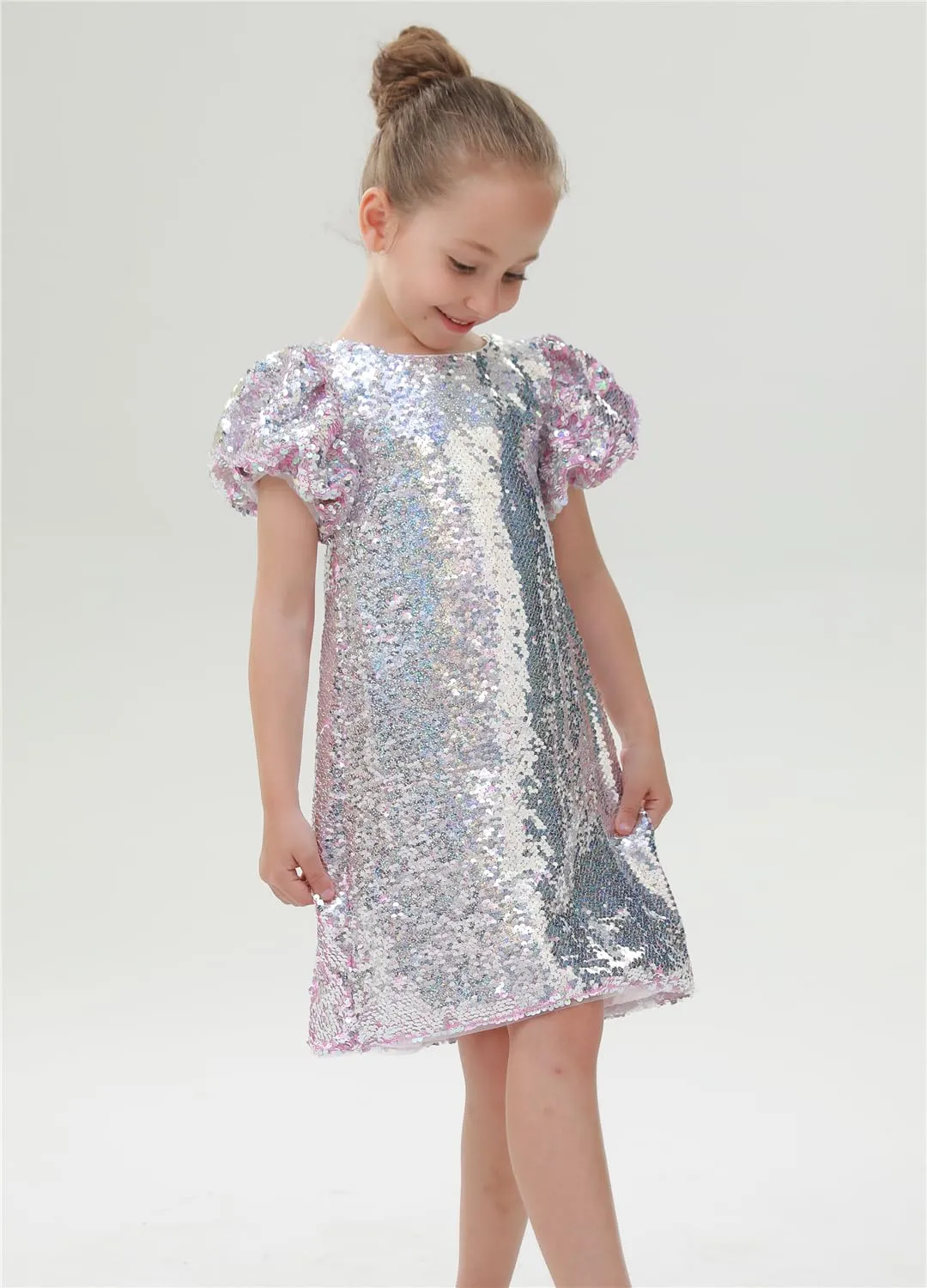 2Bunnies Girls' Reversible Sequin Puff Sleeve Dress