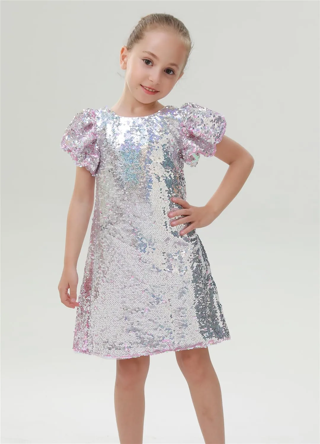 2Bunnies Girls' Reversible Sequin Puff Sleeve Dress