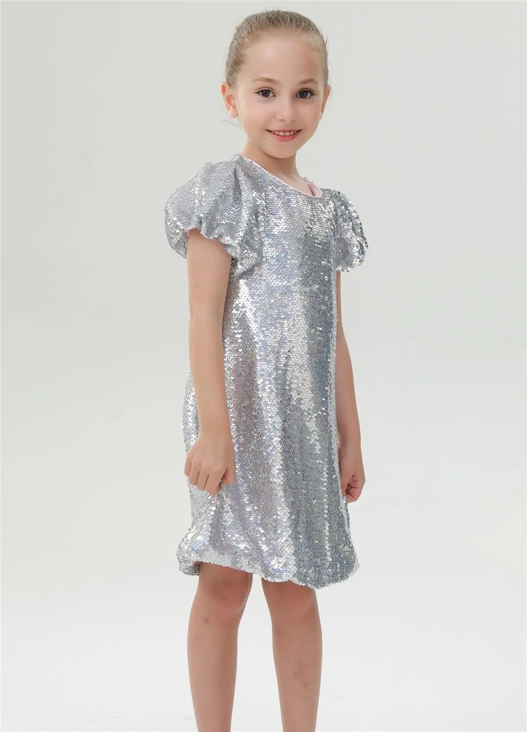 2Bunnies Girls' Silver Sequin Puff Sleeve Dress
