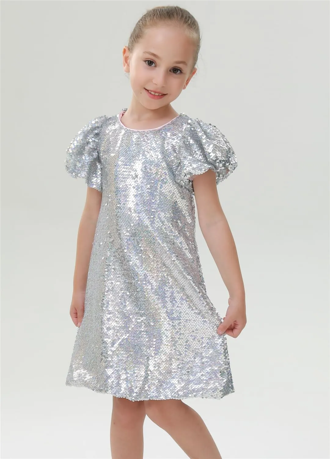 2Bunnies Girls' Silver Sequin Puff Sleeve Dress