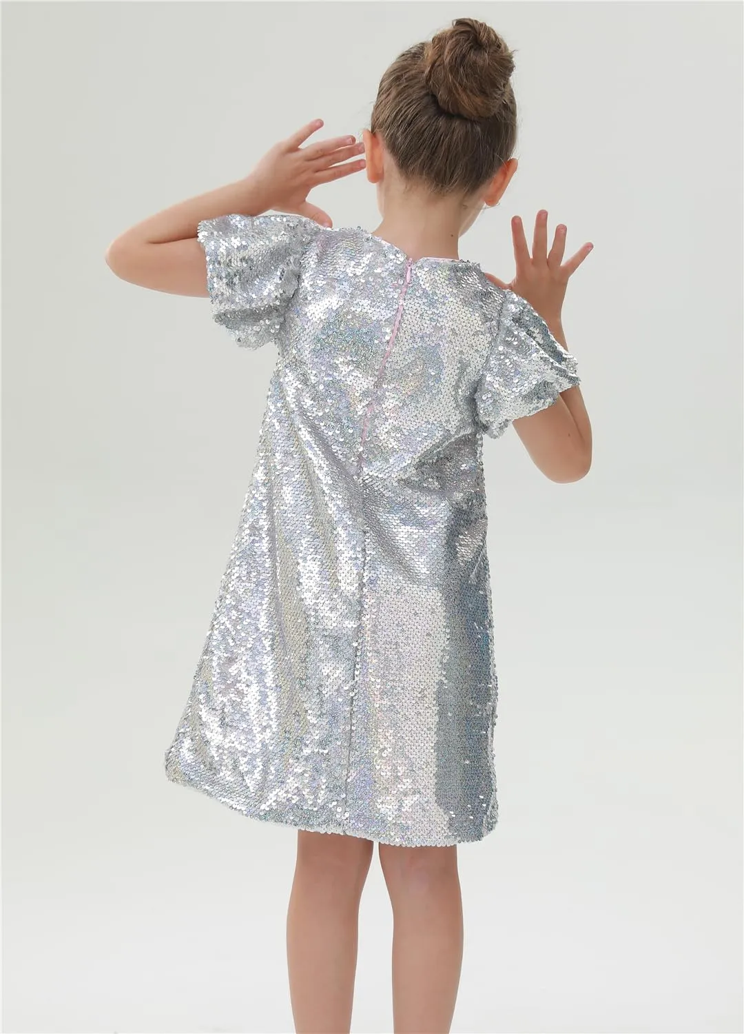 2Bunnies Girls' Silver Sequin Puff Sleeve Dress