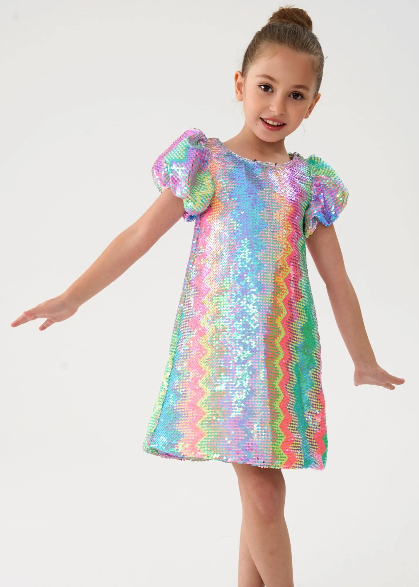 2Bunnies Girls' Spectrum Sparkle Sequin Puff Sleeve Dress