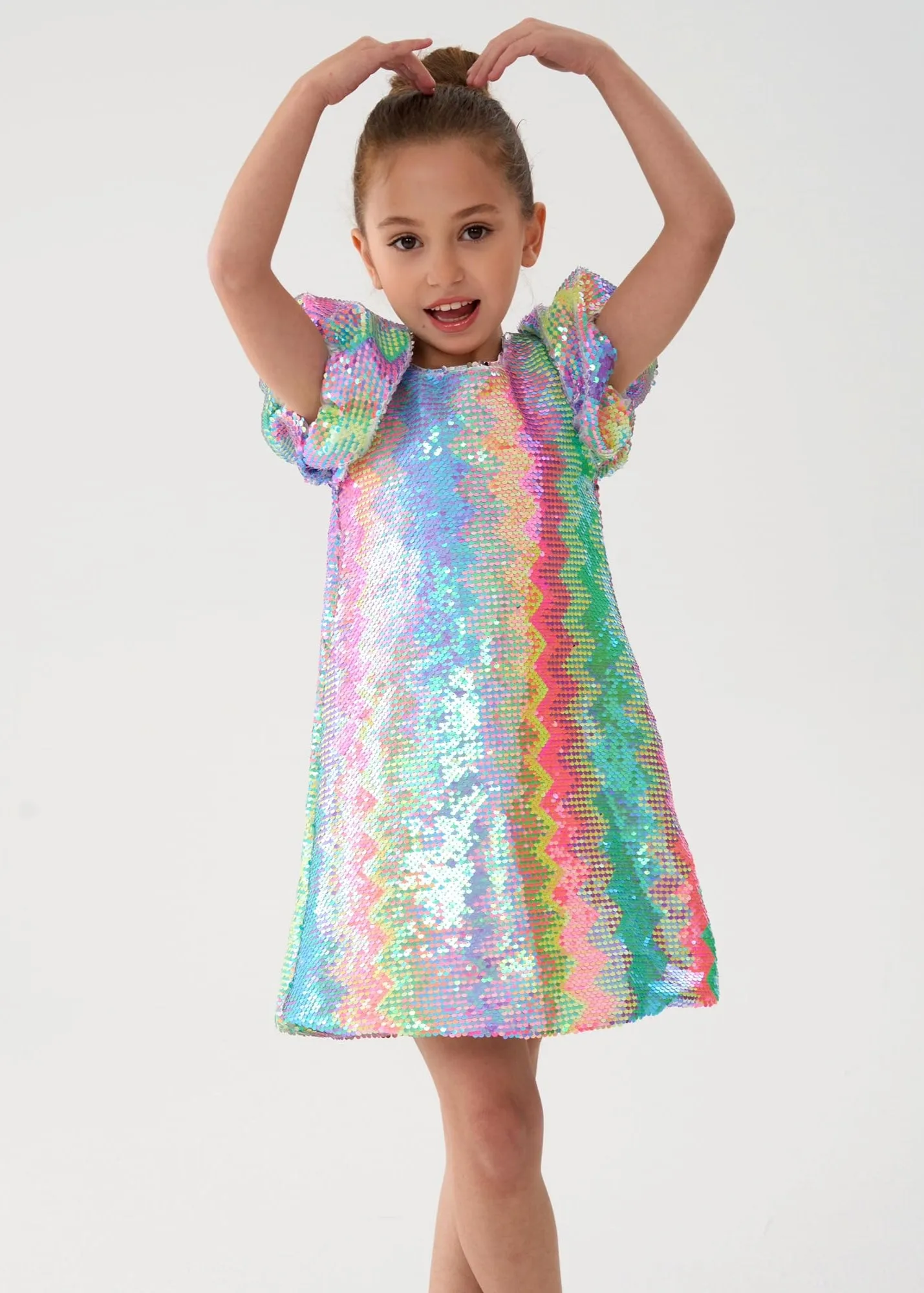 2Bunnies Girls' Spectrum Sparkle Sequin Puff Sleeve Dress