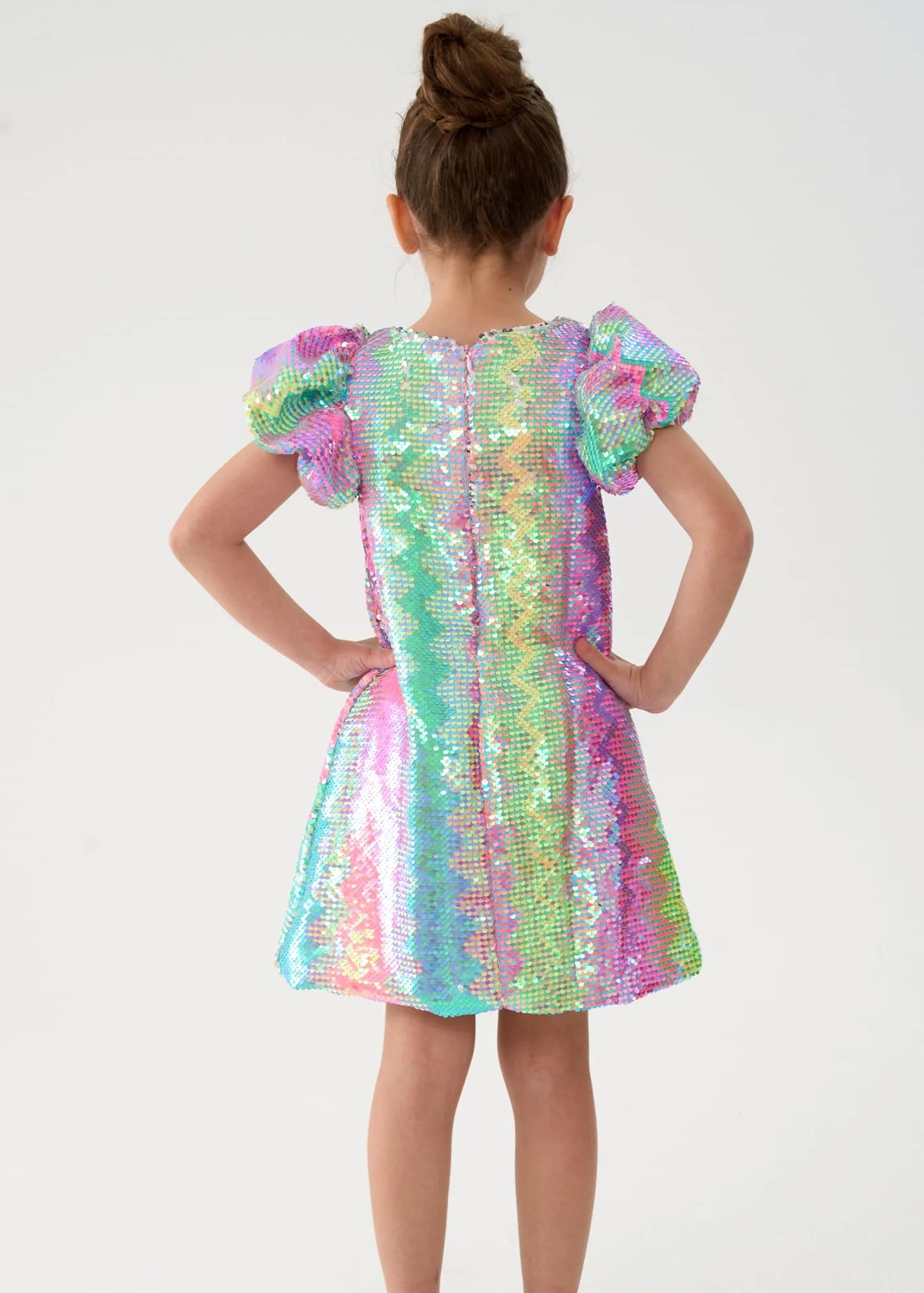 2Bunnies Girls' Spectrum Sparkle Sequin Puff Sleeve Dress