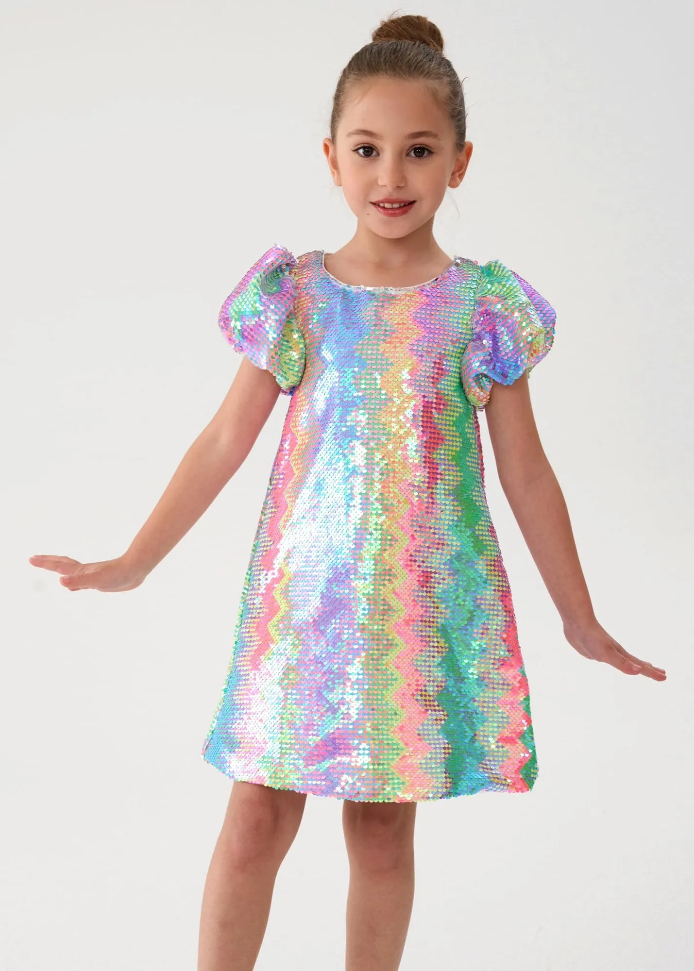 2Bunnies Girls' Spectrum Sparkle Sequin Puff Sleeve Dress