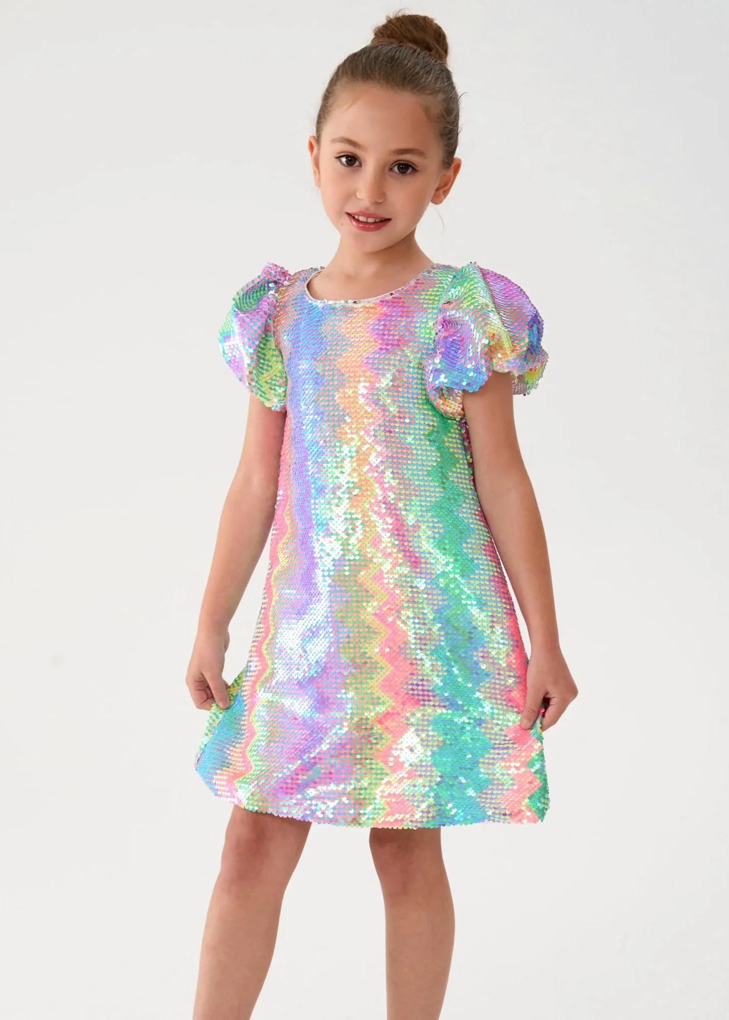 2Bunnies Girls' Spectrum Sparkle Sequin Puff Sleeve Dress