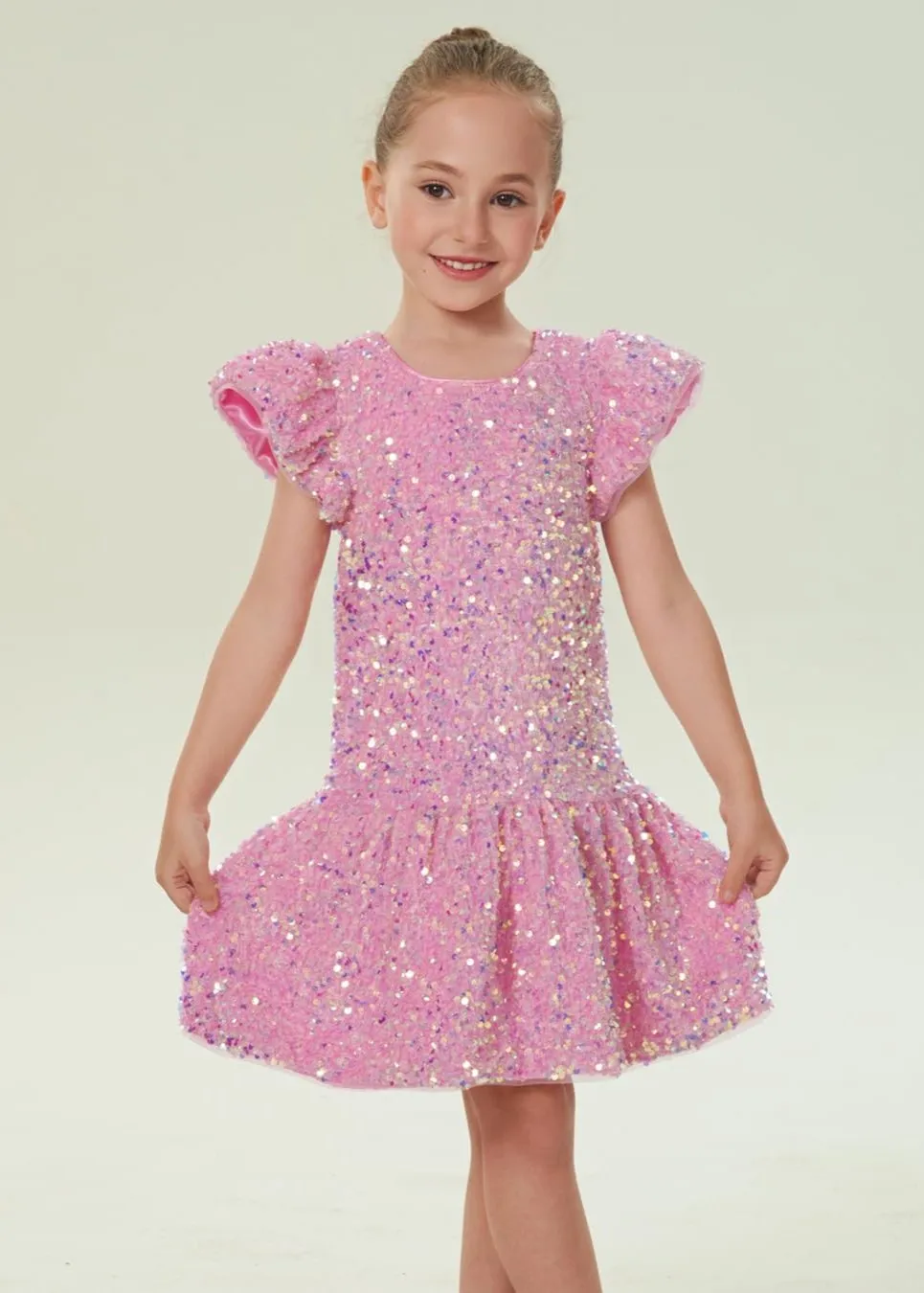 2Bunnies Girls' Velvet Sequin Flutter Sleeve Dress
