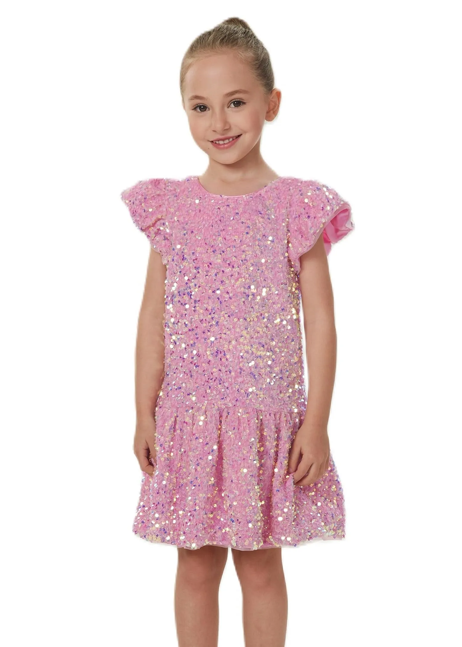 2Bunnies Girls' Velvet Sequin Flutter Sleeve Dress
