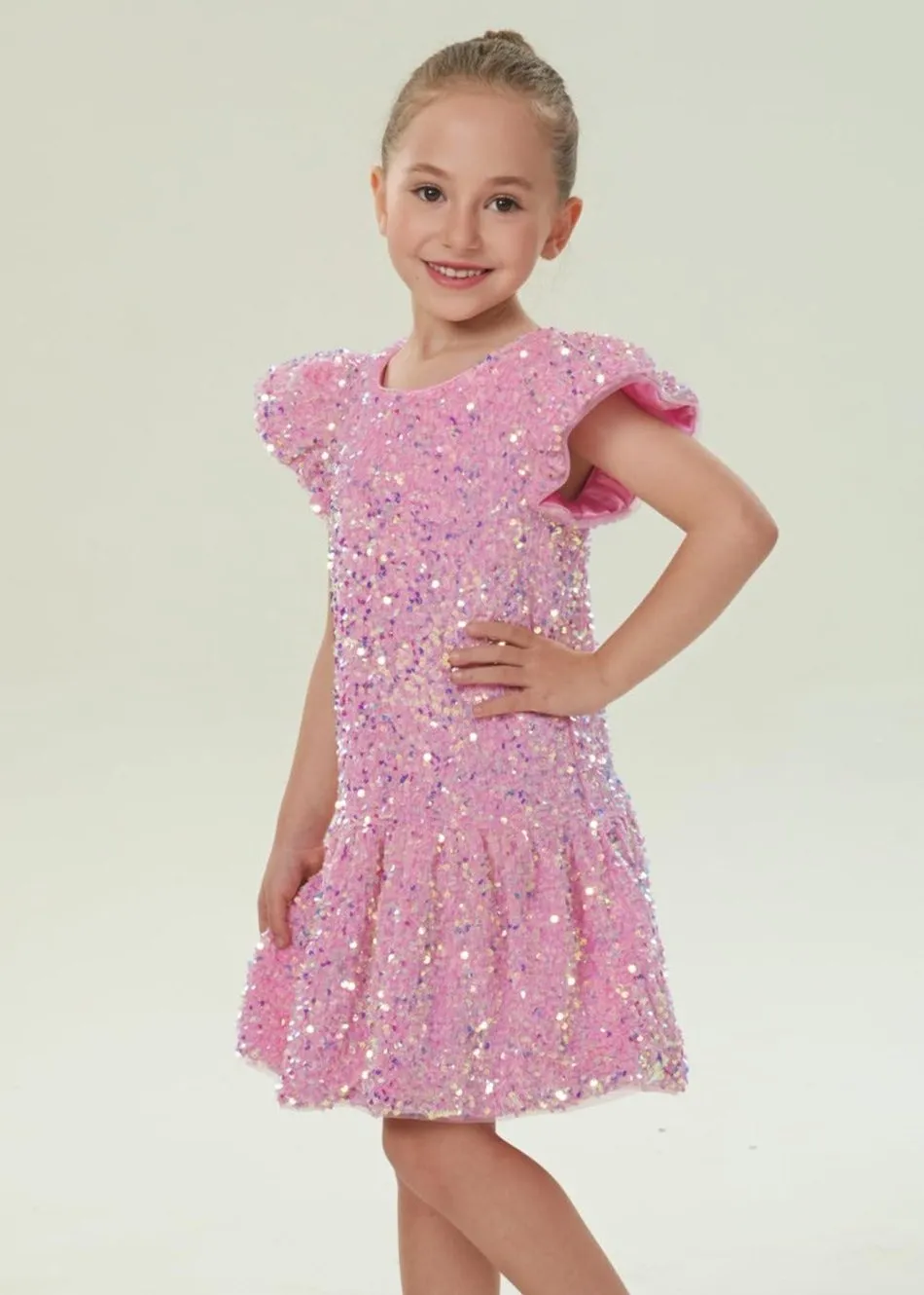 2Bunnies Girls' Velvet Sequin Flutter Sleeve Dress