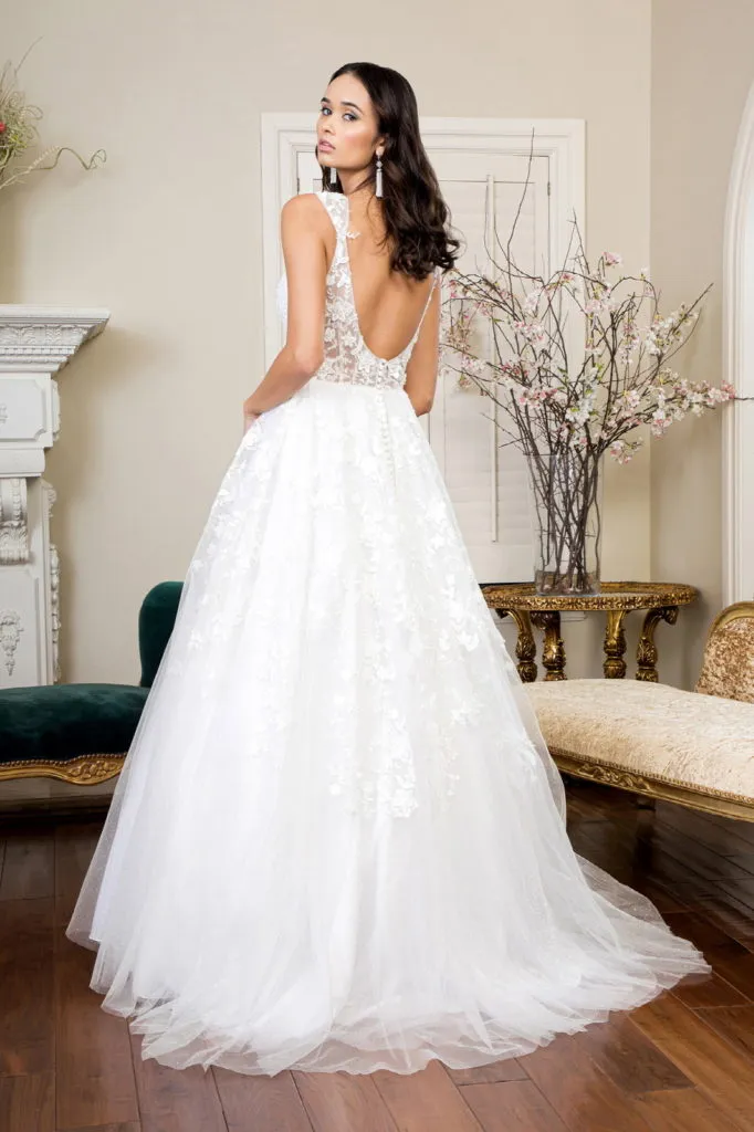 3D Floral Embroidery Cap Sleeve V-Neck Glitter Mesh Wedding Gown - Mask Not Included