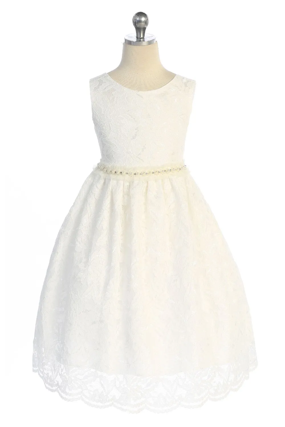 526-B- Lace V Back Bow Plus Size Dress w/ Mesh Pearl Trim